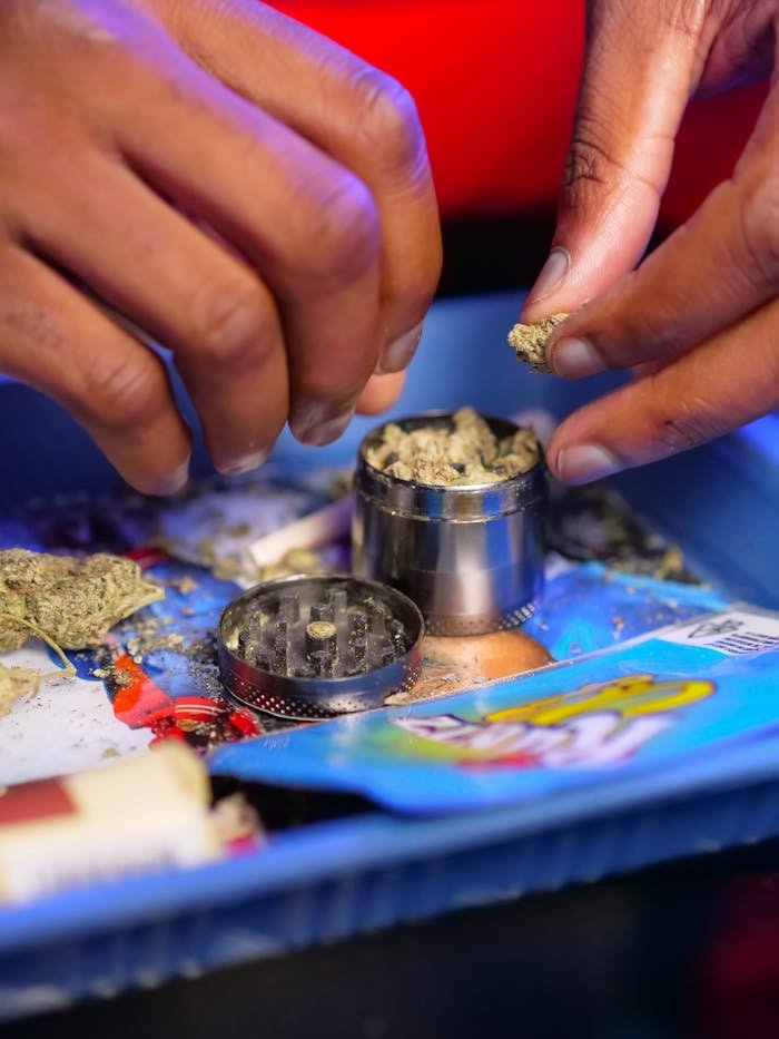 Detailed shot of hands preparing cannabis with a grinder on a colorful tray.